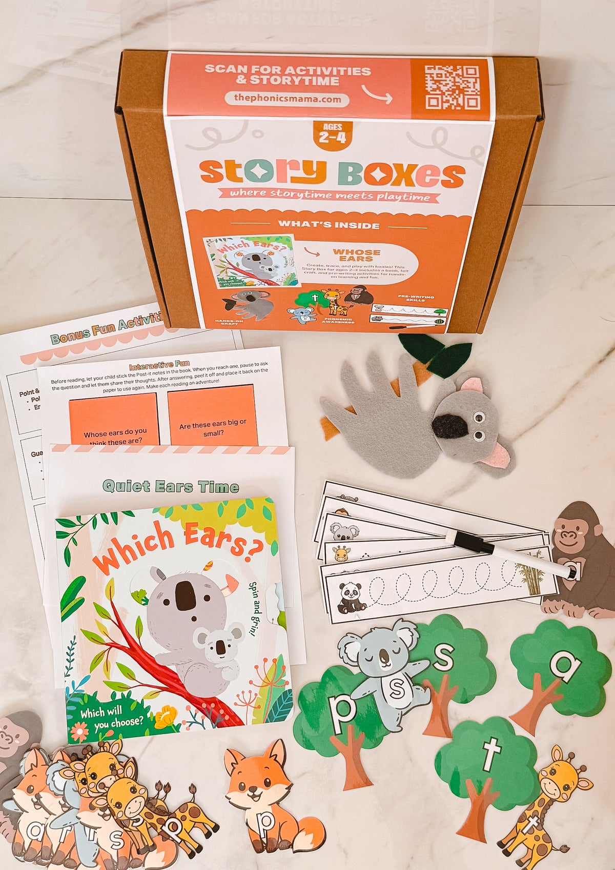 Story Boxes educational kit with activities and story time materials on a light surface.